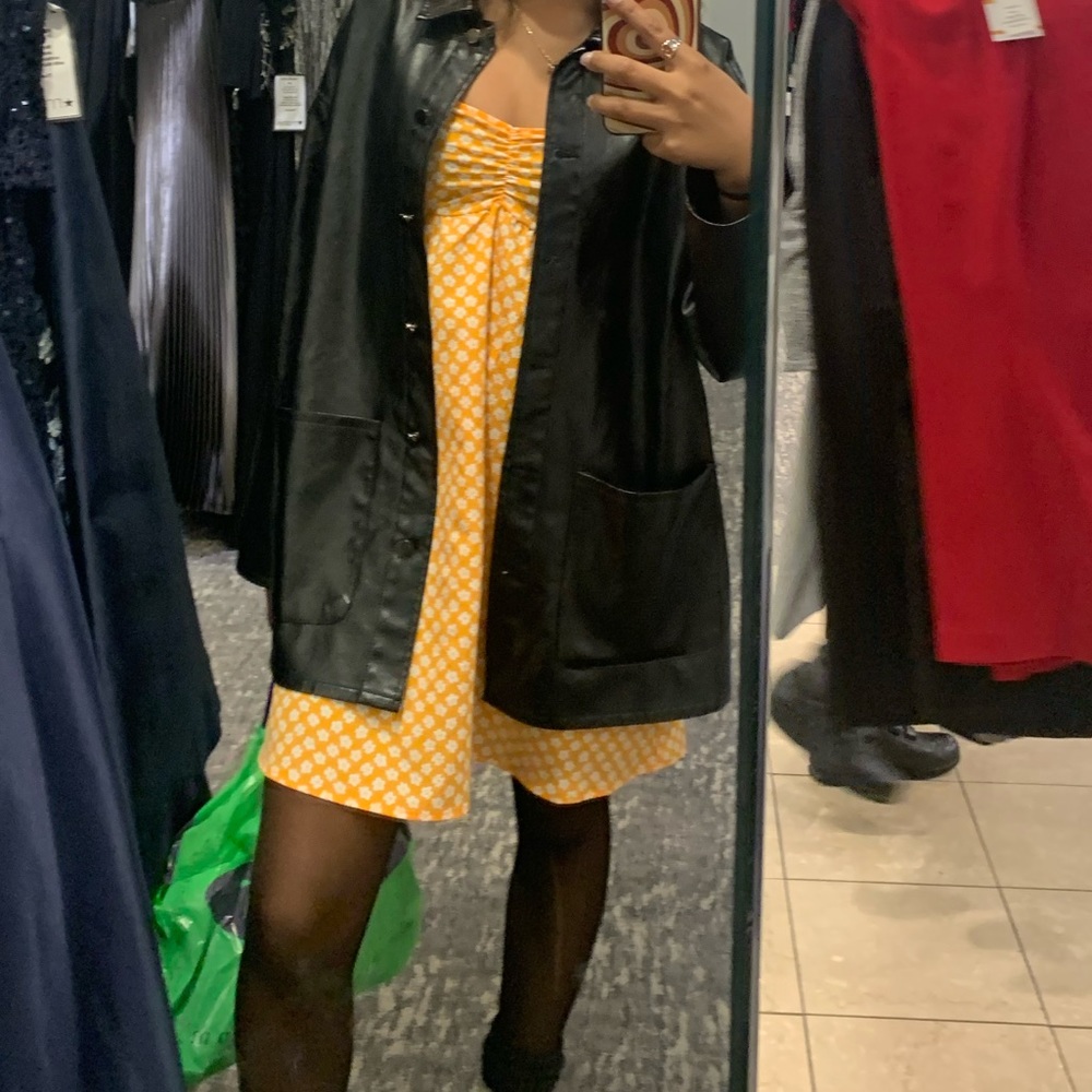Cute mini orange small strap dress +black faux leather jacket included!